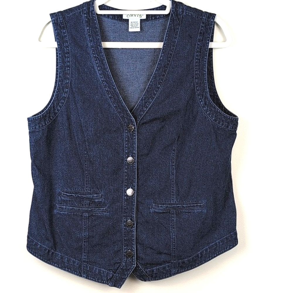 Orvis Dark Blue Denim Vest 100% Cotton Size M - image 1